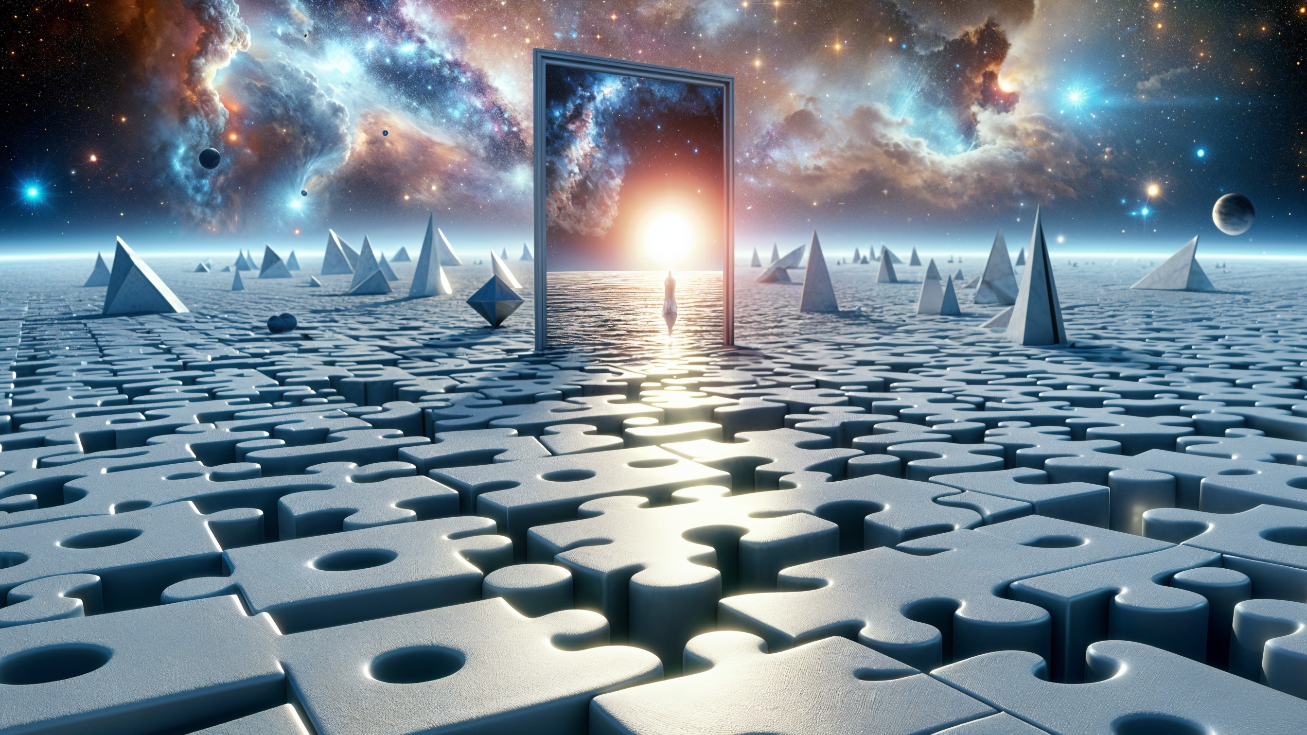 Surreal Landscape with Cosmic Sky and Puzzle Sea