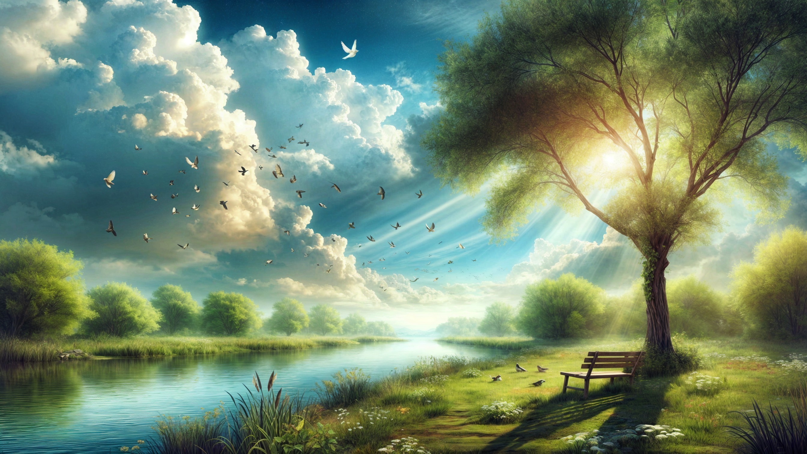 Tranquil River Landscape with Lush Greenery and Flowers