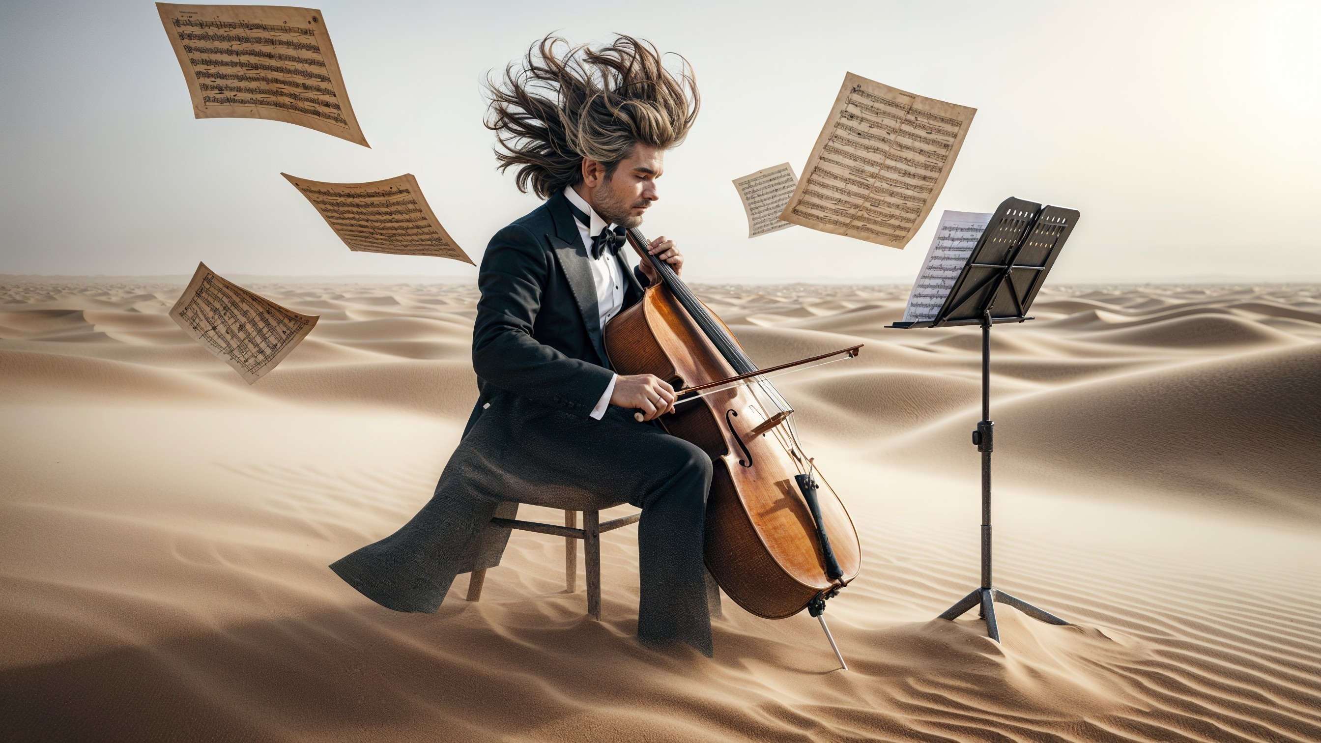 Cellist in Tuxedo Performs in Vast Desert Landscape