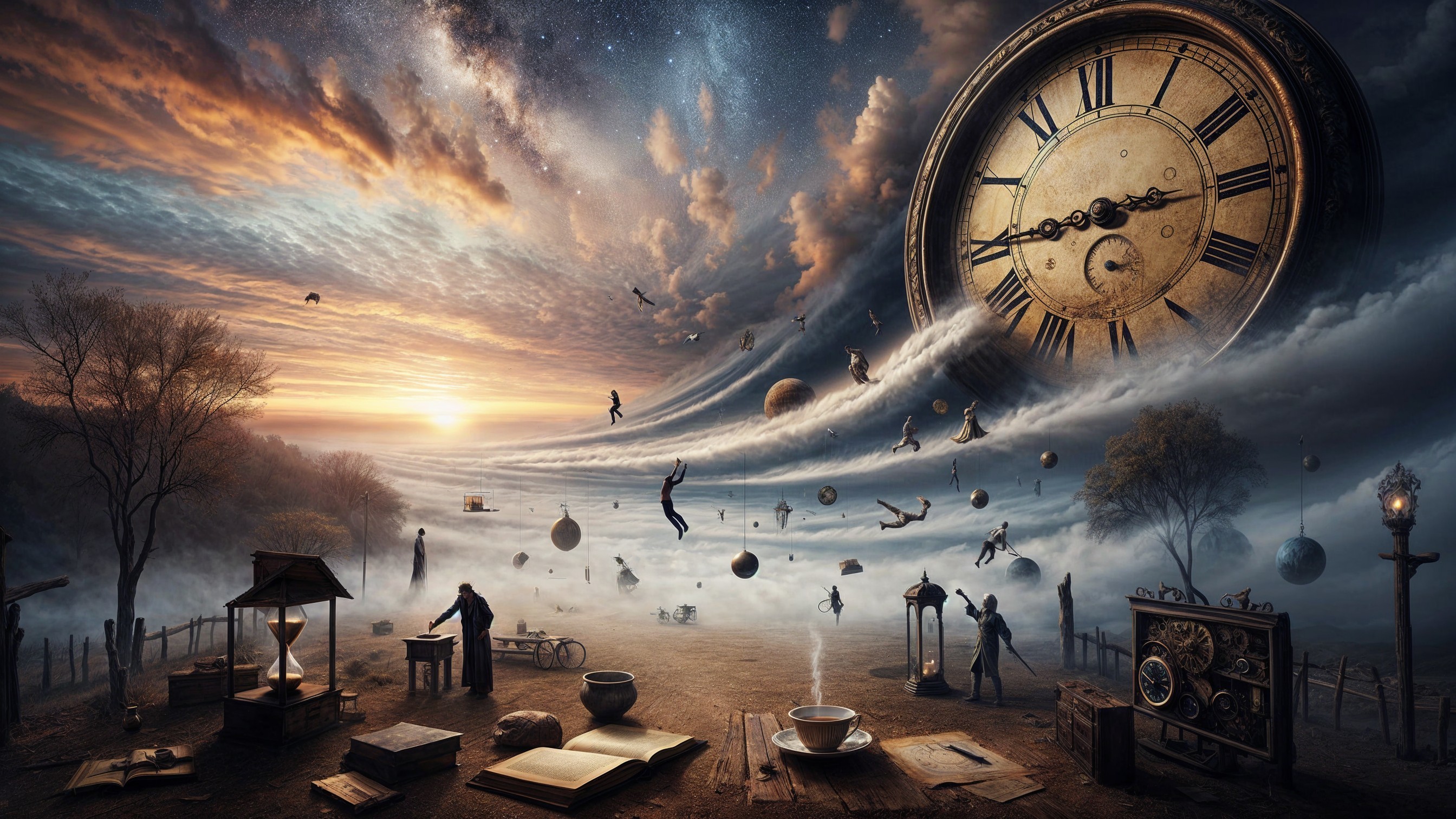 Surreal landscape with giant clock and floating figures