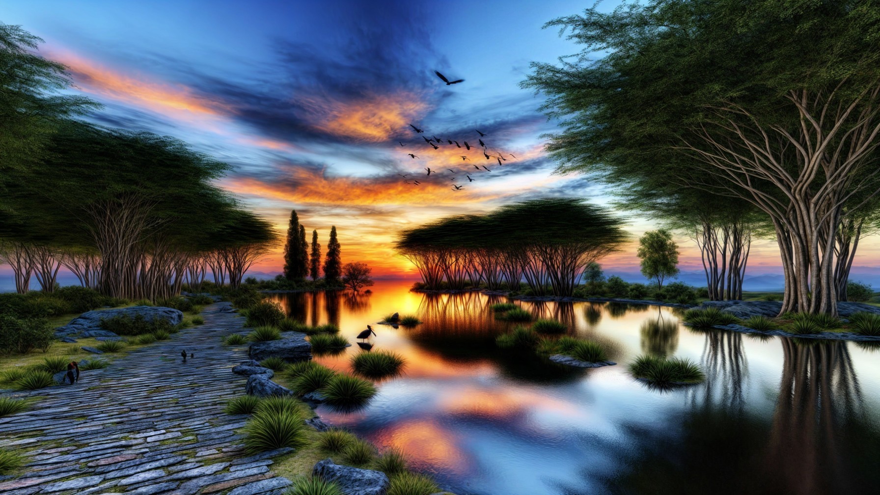 Serene Sunset Landscape with Vibrant Reflections