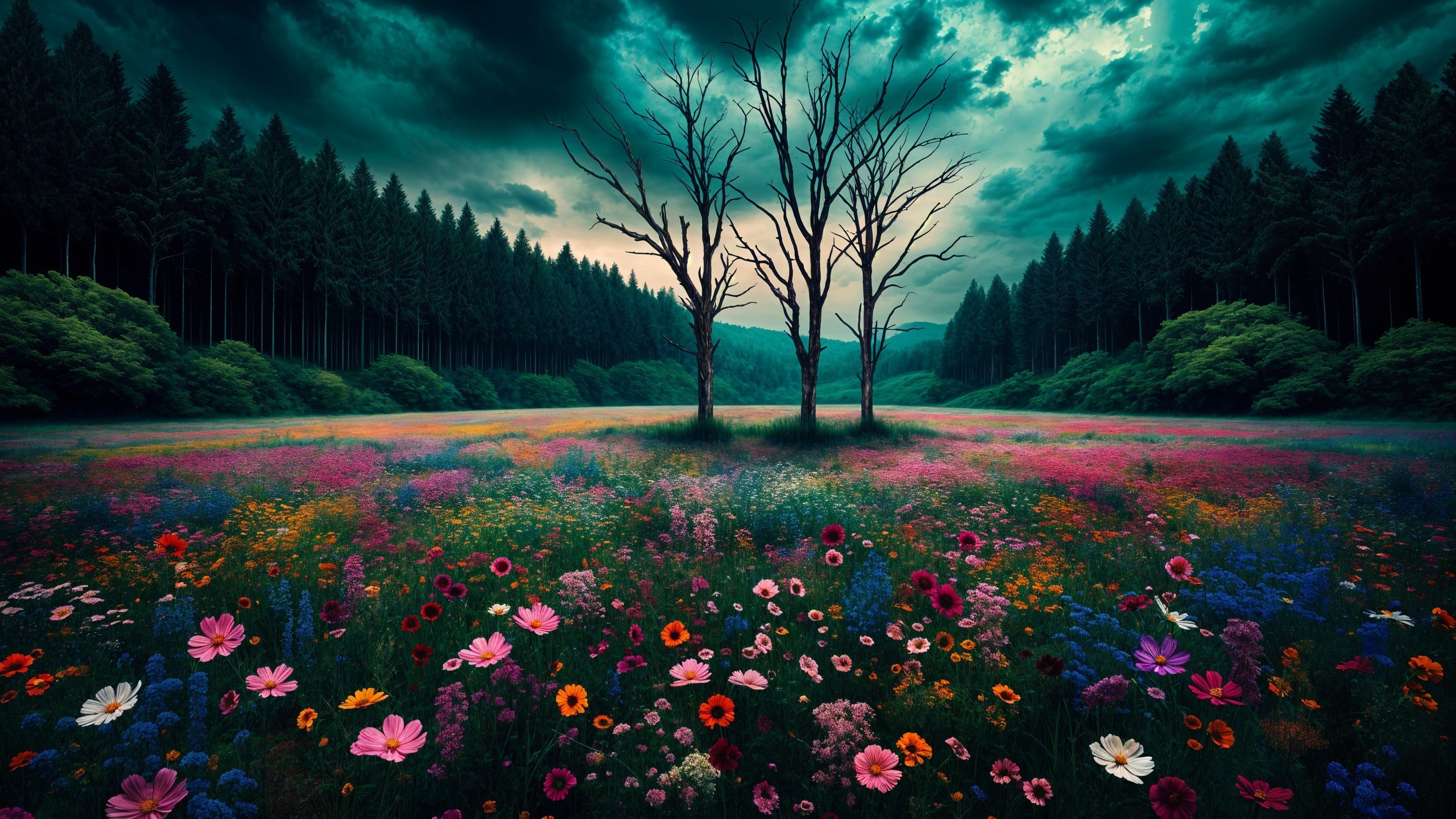 Colorful Wildflowers in a Meadow Under Dramatic Sky