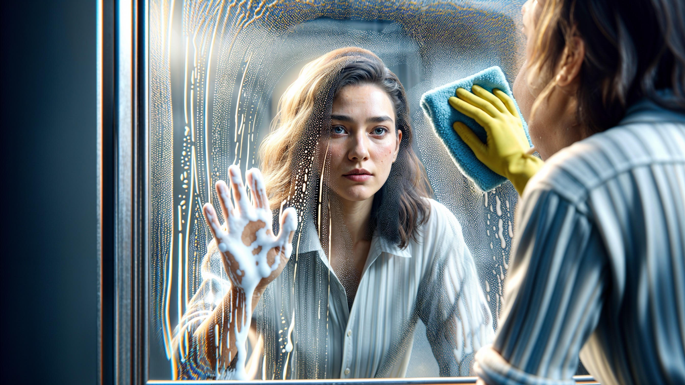 Woman Cleaning Window with Reflection and Soap Suds