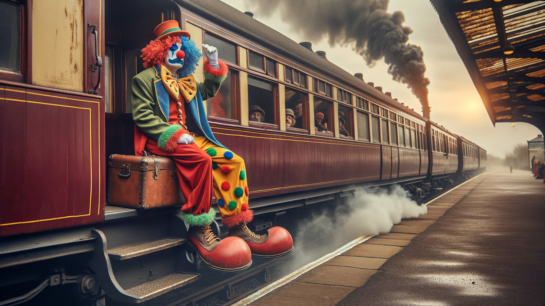 Clown at Vintage Train Station with Steam Train Background