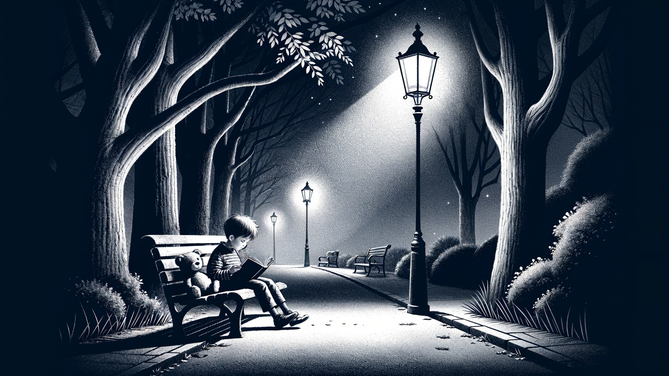 Young boy reading in a serene park at night
