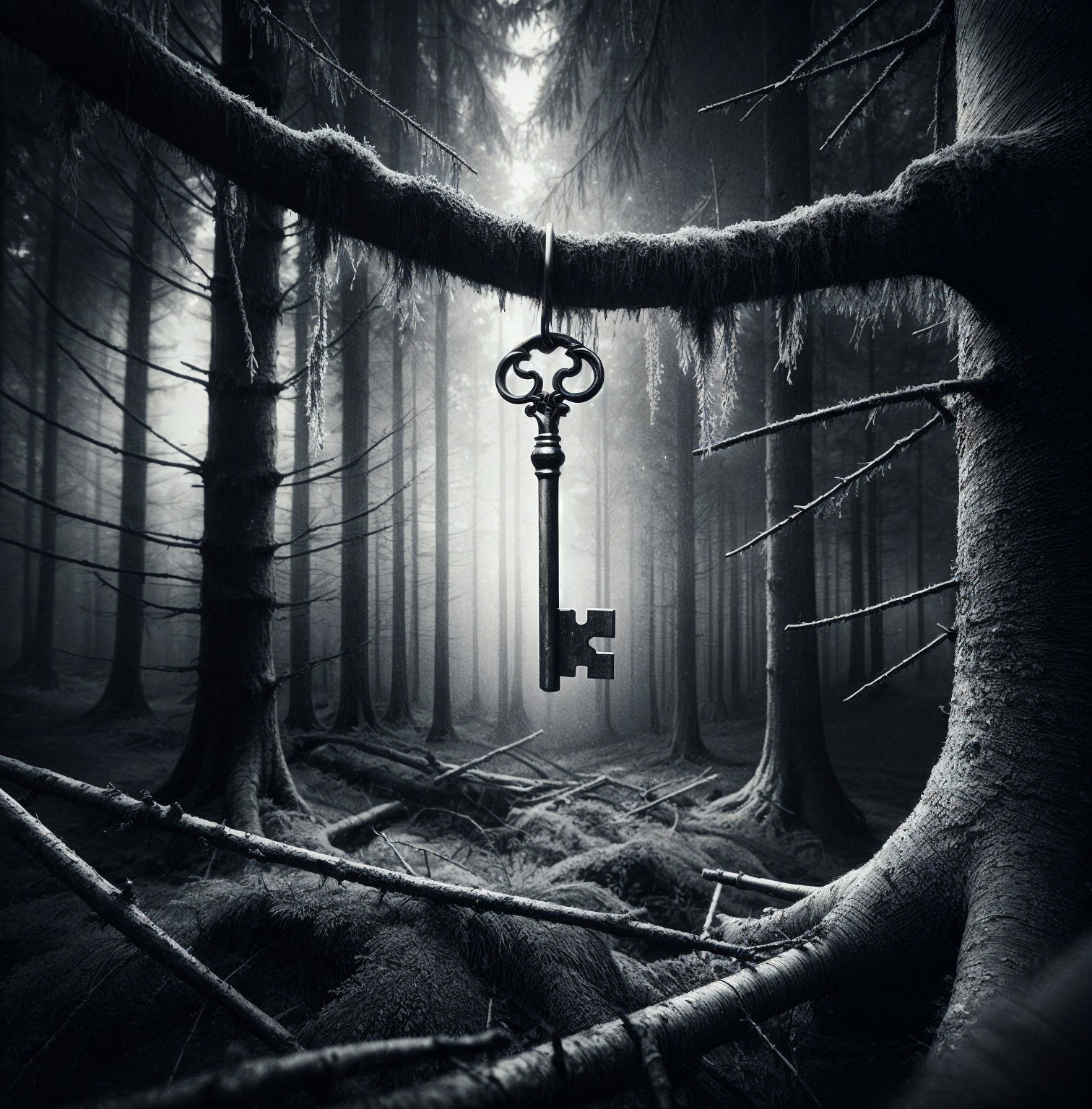 Ornate Key Hanging from Tree in Shadowy Forest