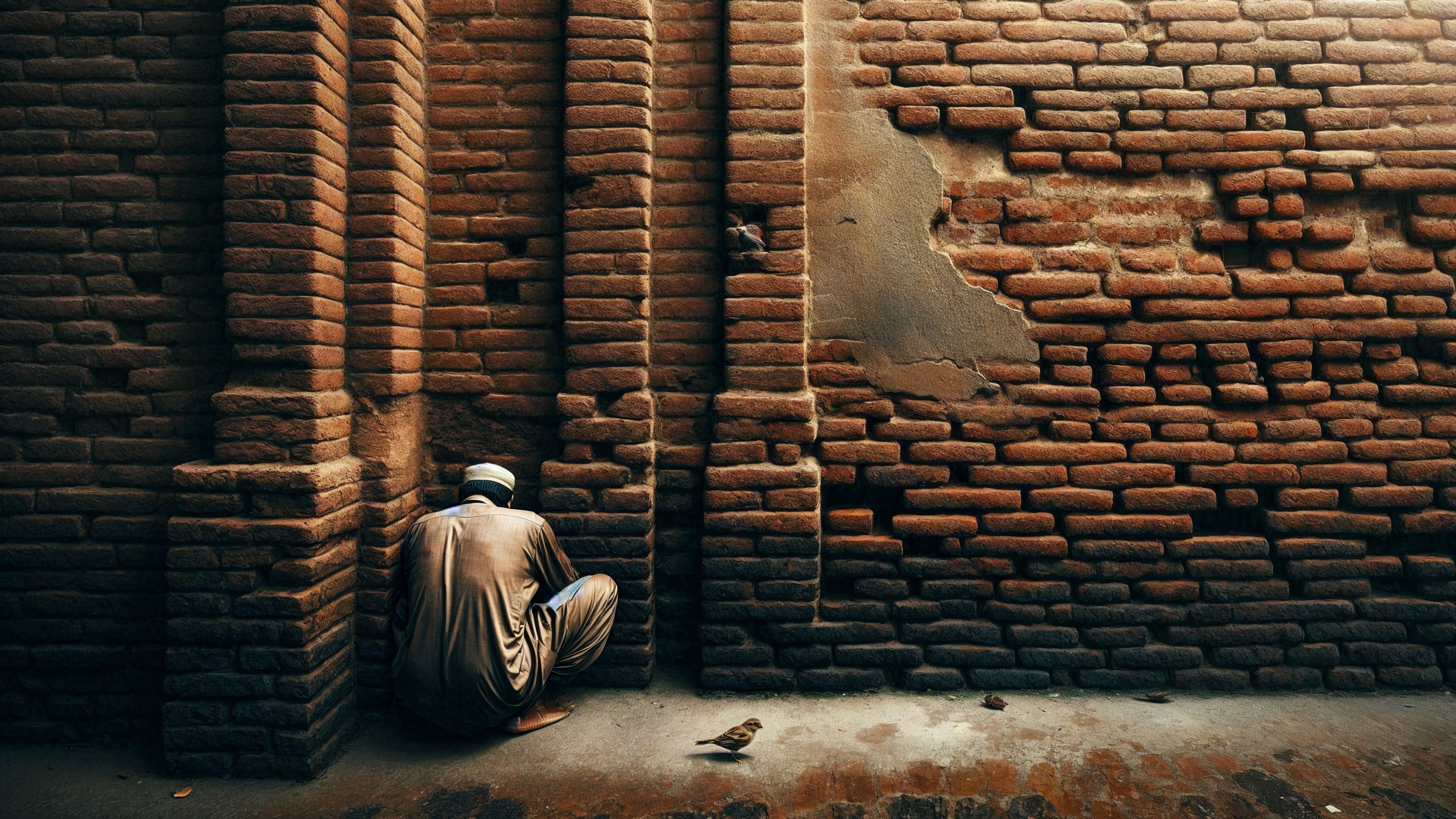 Solitary Figure in Contemplation by Textured Wall