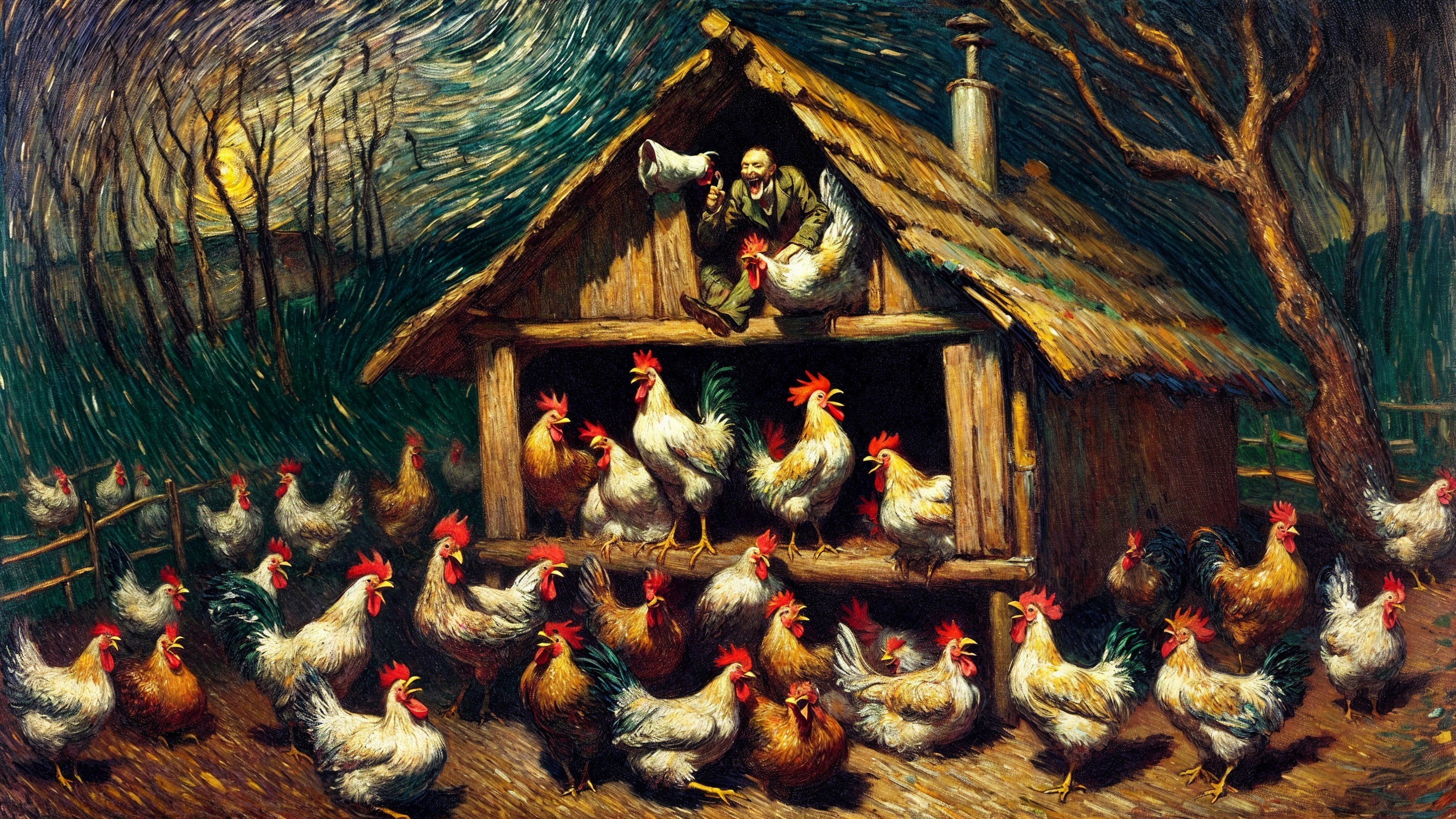 Rustic Hut with Vibrant Flock of Colorful Chickens