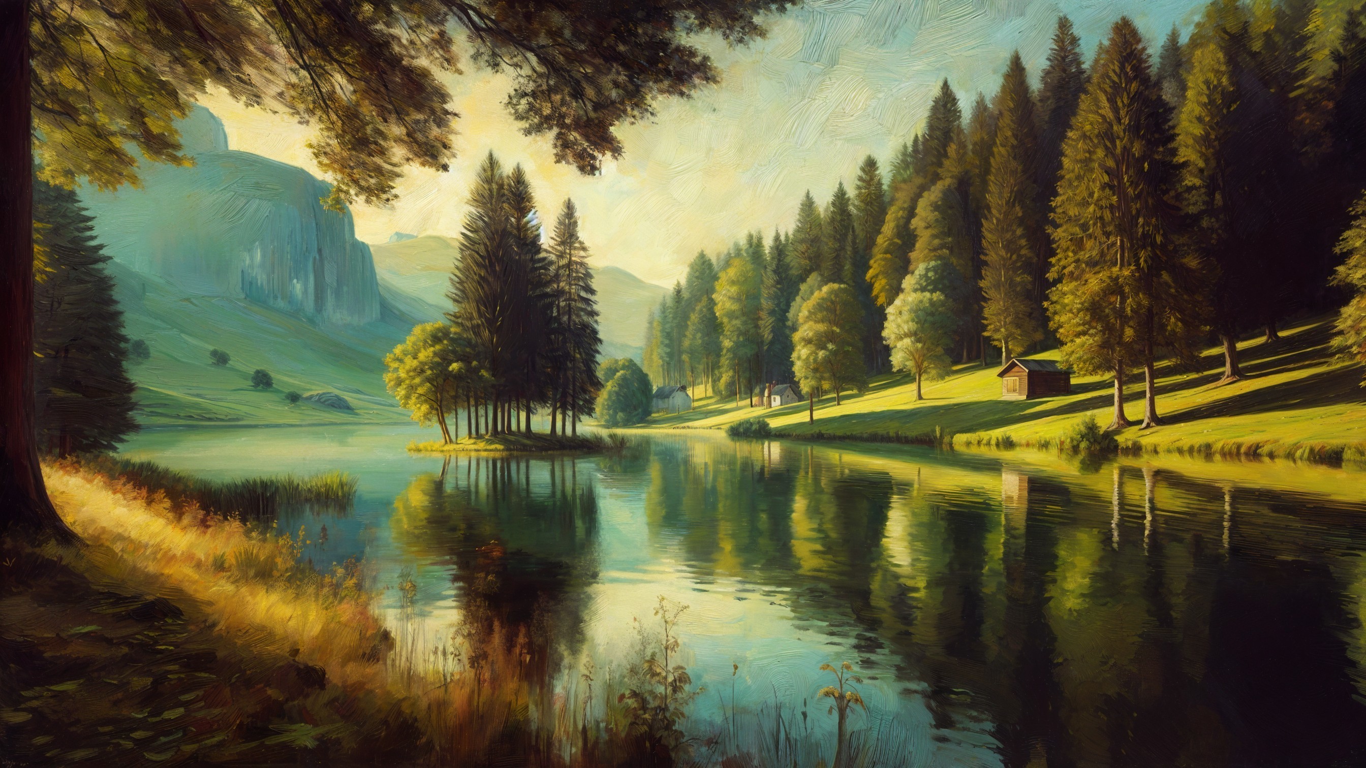Tranquil Lake Surrounded by Lush Forests and Hills
