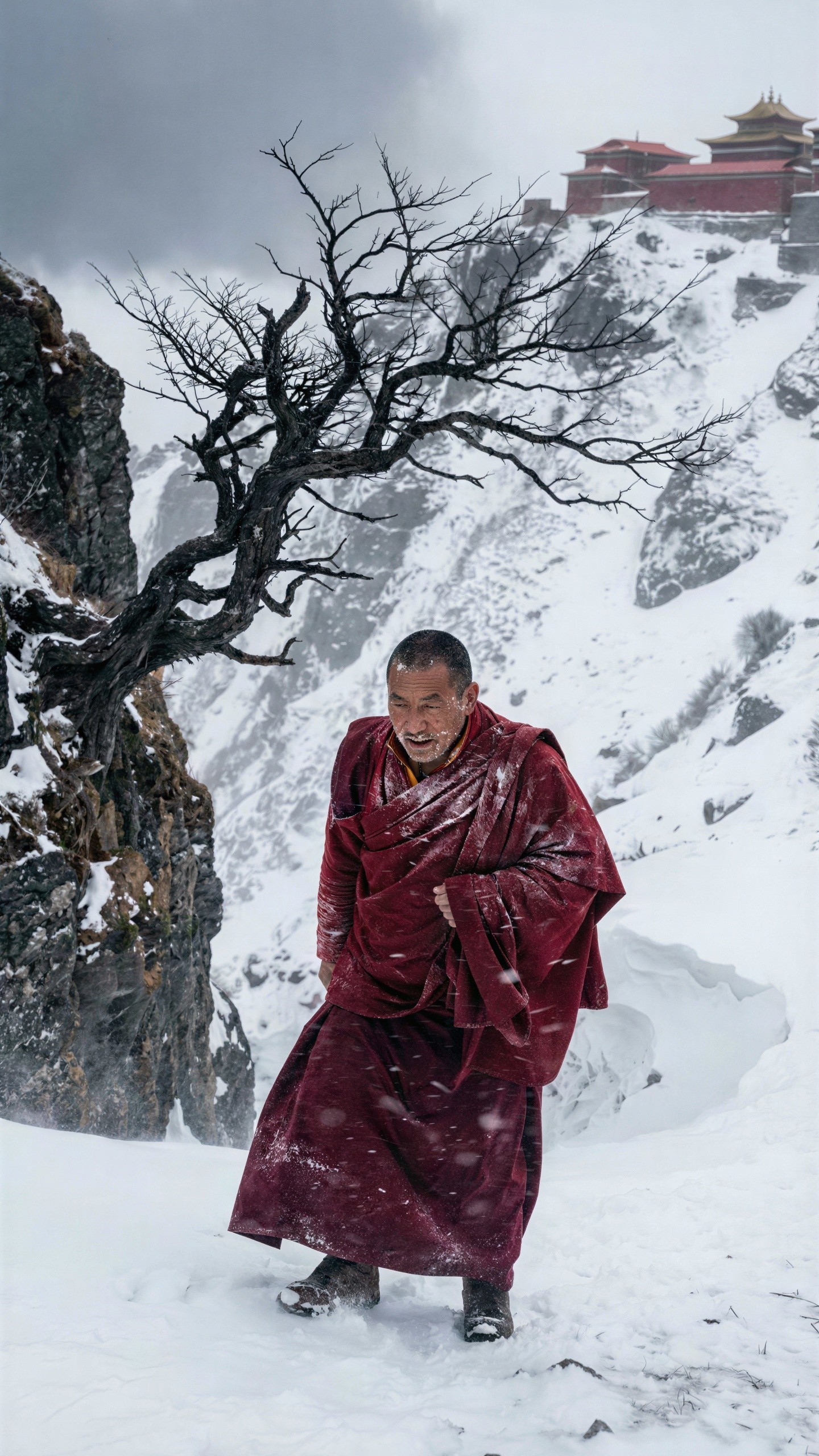 Monk Walking in Snowstorm on Mountain Path with Temple