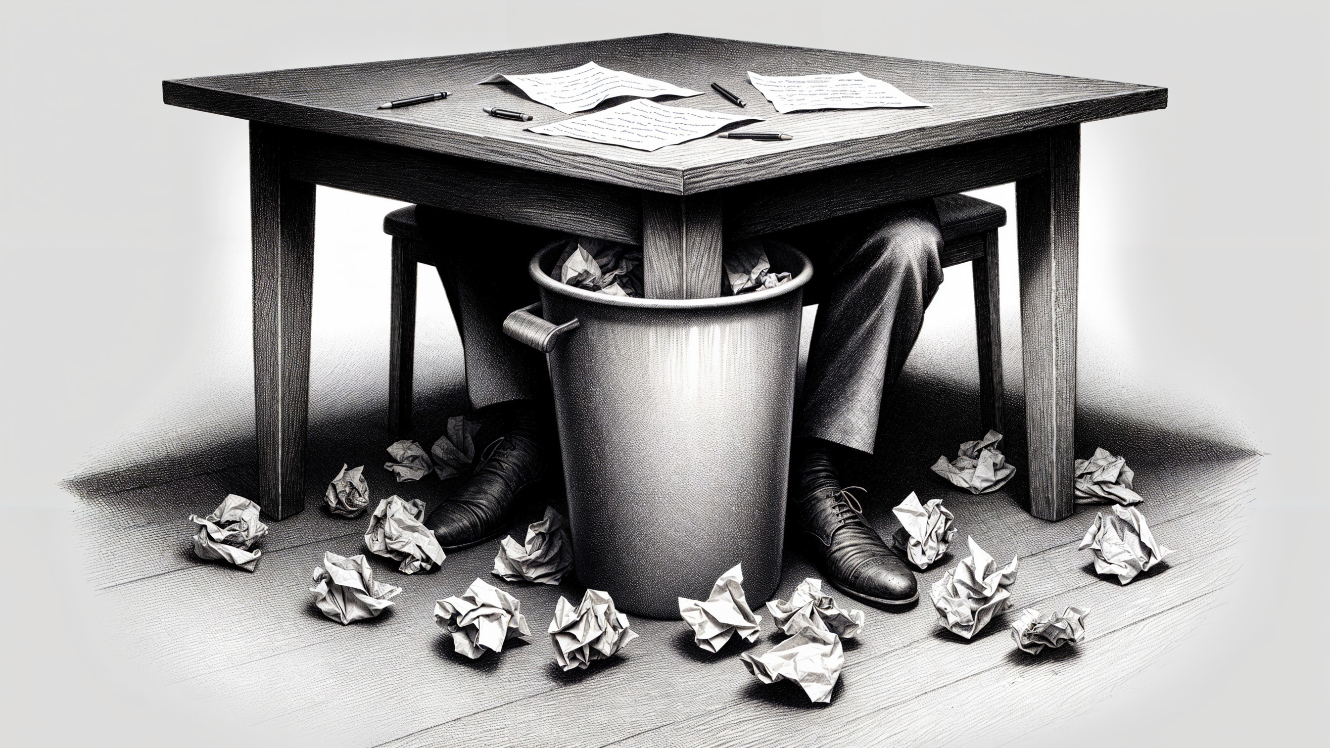 Cluttered Desk Scene with Crumpled Papers and Wastebasket