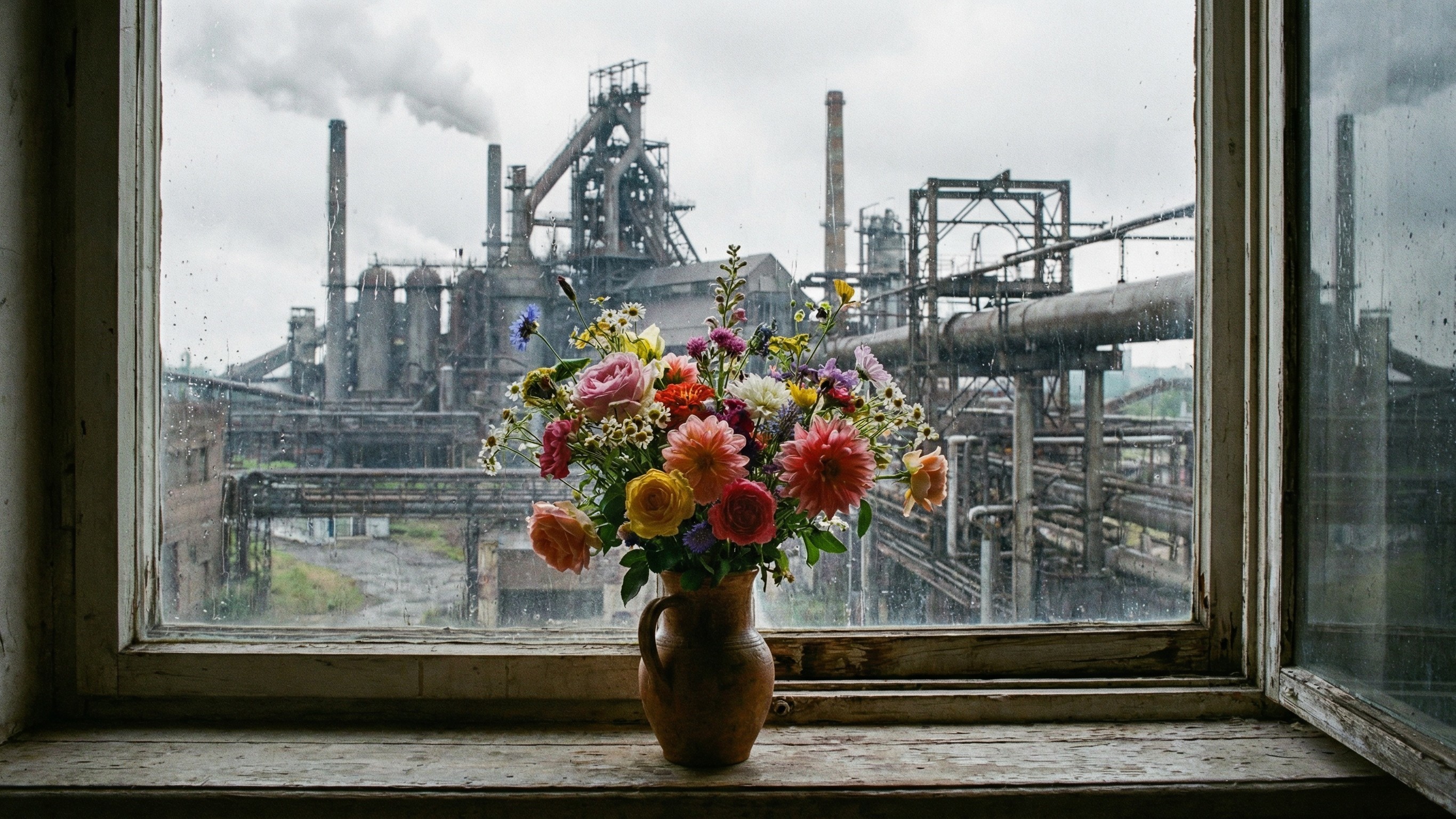 Colorful Flower Bouquet on Rustic Windowsill with Factory