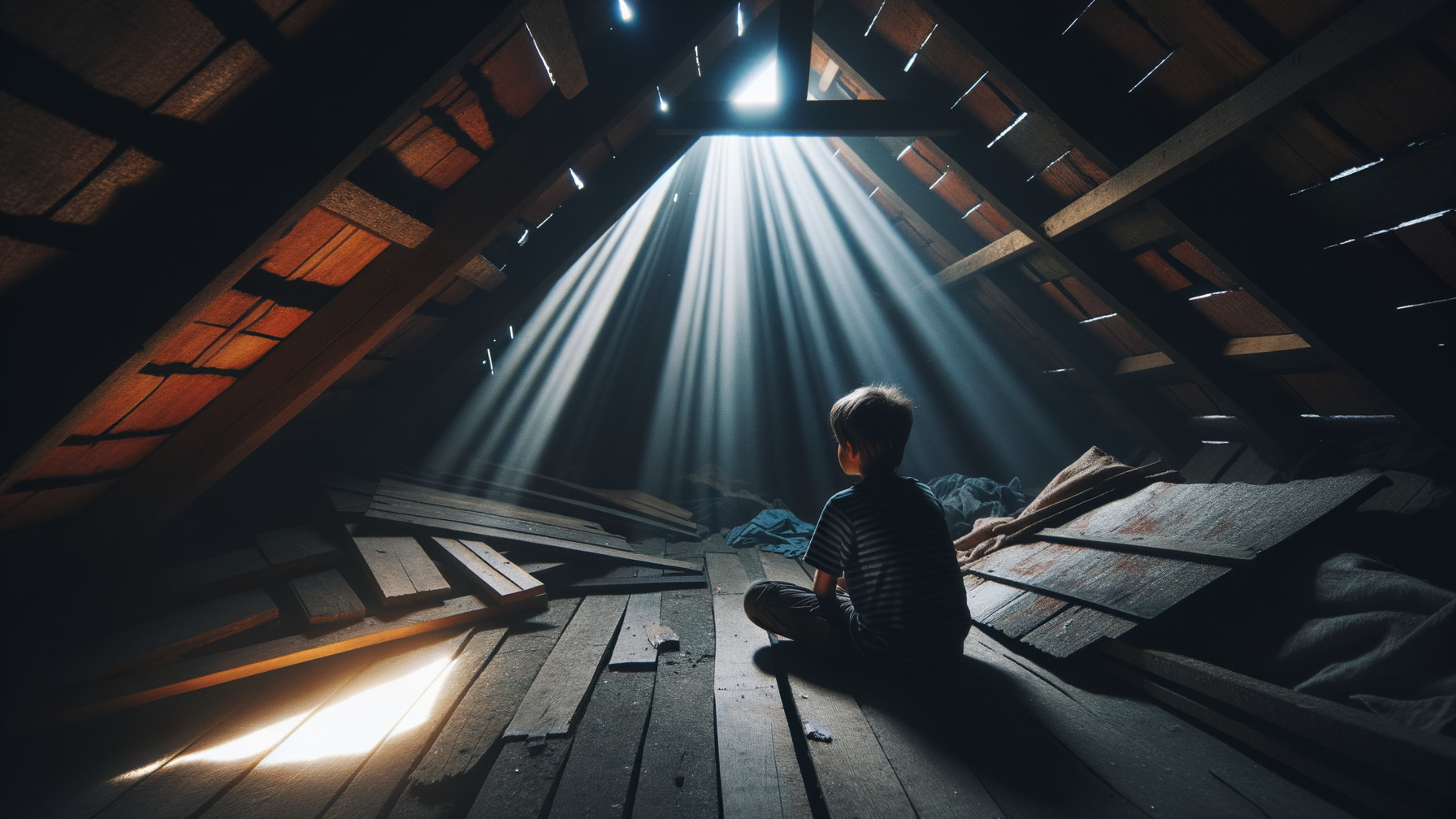 Young Boy in Dimly Lit Attic with Sunlight Shaft