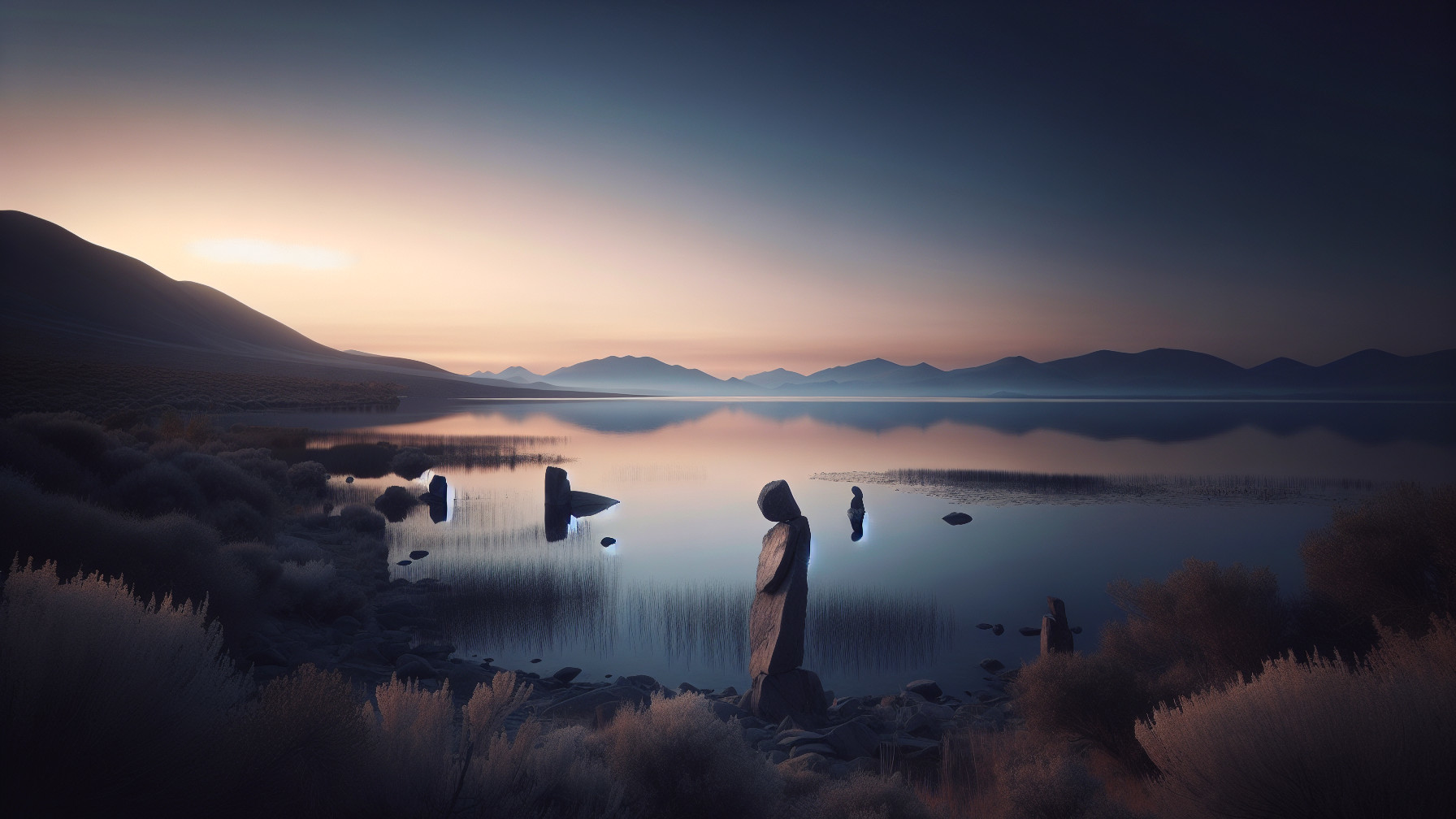 Serene Dusk Landscape with Reflective Waters and Mountains