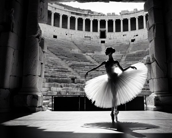 Ballerina Posing in Ancient Stone Amphitheater