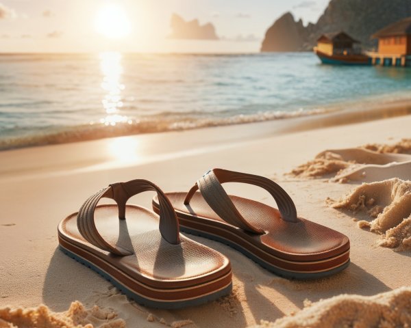 Brown Flip-Flops on a Serene Sandy Beach at Sunset