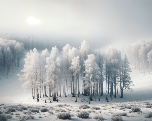 Serene Winter Landscape with Frosted Trees and Snow