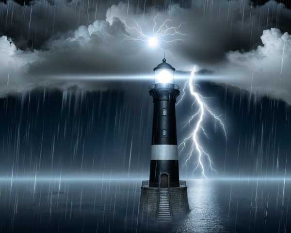 Lighthouse Amidst Stormy Sky and Heavy Rain