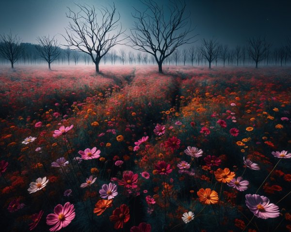 Surreal Landscape with Colorful Flowers and Twilight Sky