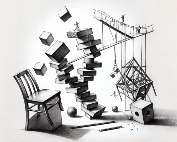 Surreal Scene with Wooden Chair and Floating Shapes
