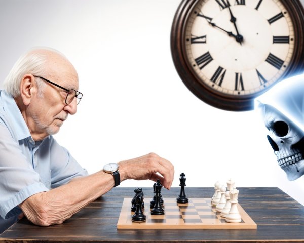 Elderly Man Playing Chess in Dimly Lit Room