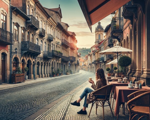 Serene European Town Scene at Sunrise with Cafés