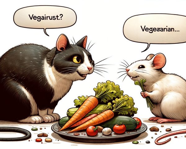 Black and white cat and mouse discuss vegetarian choices