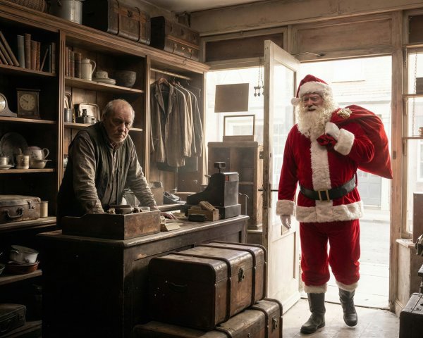 Old Man in Antique Shop Welcomes Santa Claus