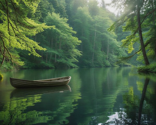Narrow Wooden Boat on Calm Dark Green Lake