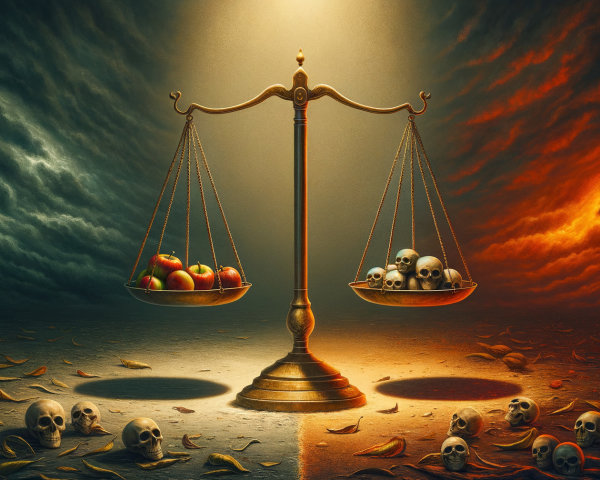 Golden Balance Scale with Apples and Skulls