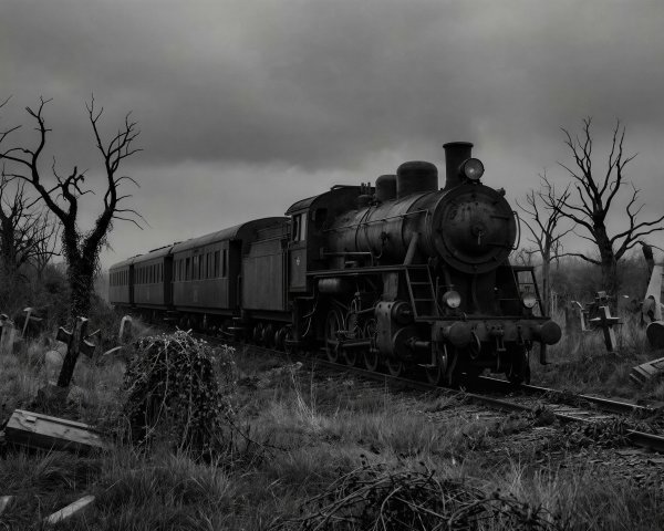 Steam Locomotive Passing Through Neglected Cemetery at Night