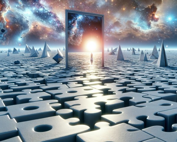 Surreal Landscape with Cosmic Sky and Puzzle Sea