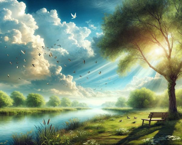 Tranquil River Landscape with Lush Greenery and Flowers
