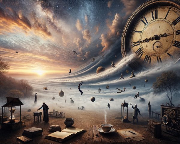 Surreal landscape with giant clock and floating figures