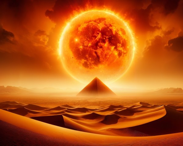 Desert Landscape with Sun and Majestic Pyramid
