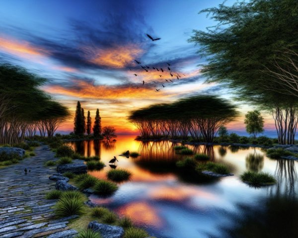Serene Sunset Landscape with Vibrant Reflections