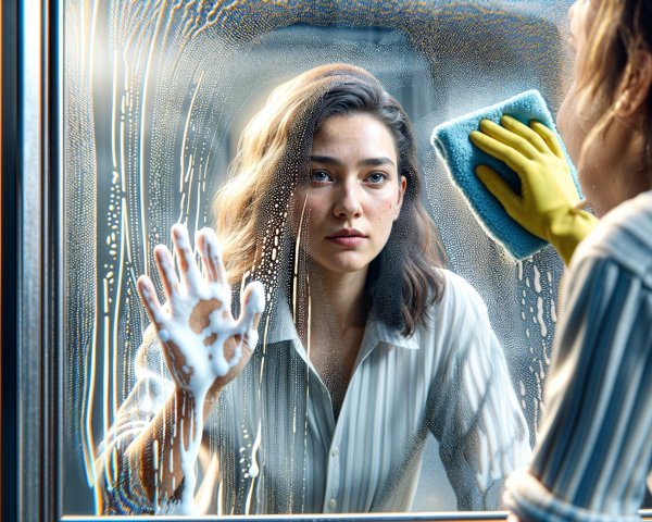 Woman Cleaning Window with Reflection and Soap Suds