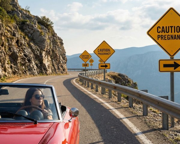 Woman in Red Convertible on Mountain Road with Signs