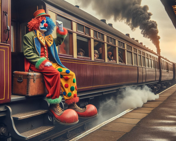 Clown at Vintage Train Station with Steam Train Background