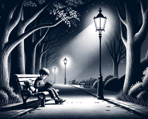 Young boy reading in a serene park at night