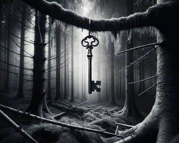 Ornate Key Hanging from Tree in Shadowy Forest