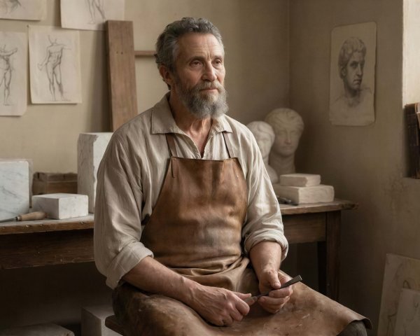 Older Male Sculptor in Workshop with Tools and Drawings