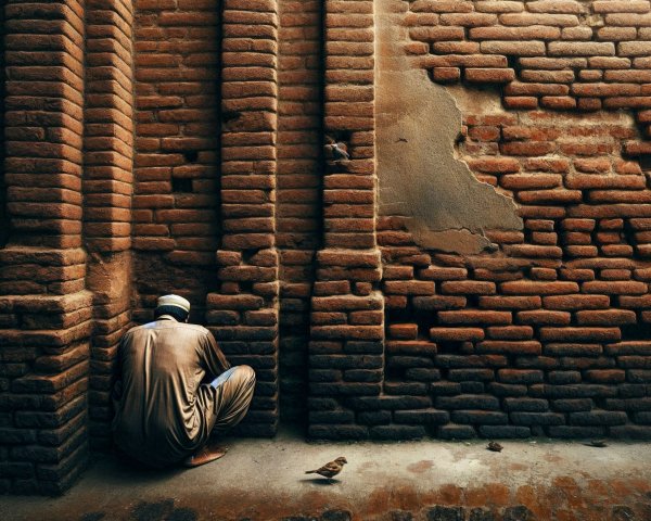 Solitary Figure in Contemplation by Textured Wall