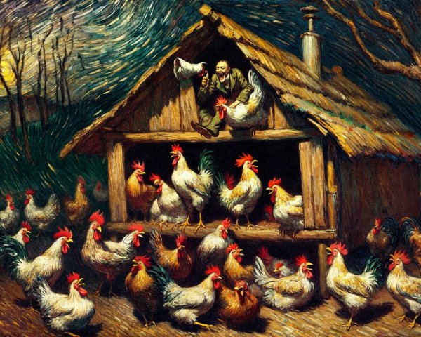 Rustic Hut with Vibrant Flock of Colorful Chickens