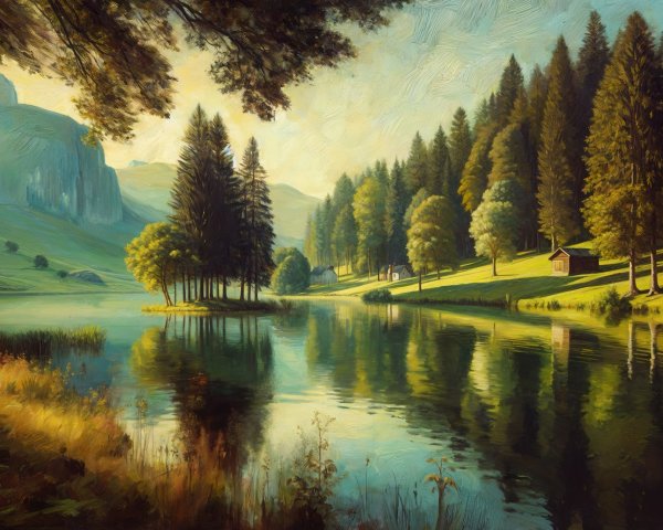 Tranquil Lake Surrounded by Lush Forests and Hills
