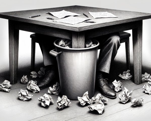 Cluttered Desk Scene with Crumpled Papers and Wastebasket