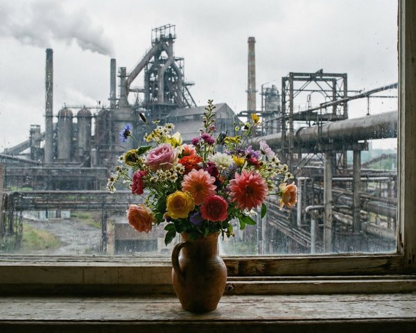 Colorful Flower Bouquet on Rustic Windowsill with Factory