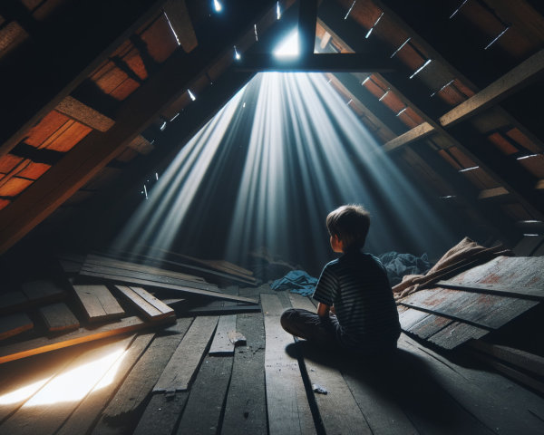 Young Boy in Dimly Lit Attic with Sunlight Shaft