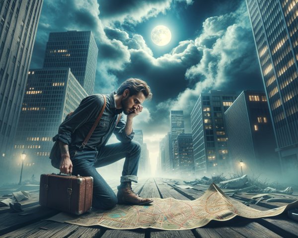 Surreal Abandoned Cityscape with Moonlit Atmosphere