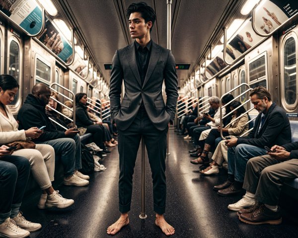 Confident Man in Suit Stands Barefoot in Subway Car